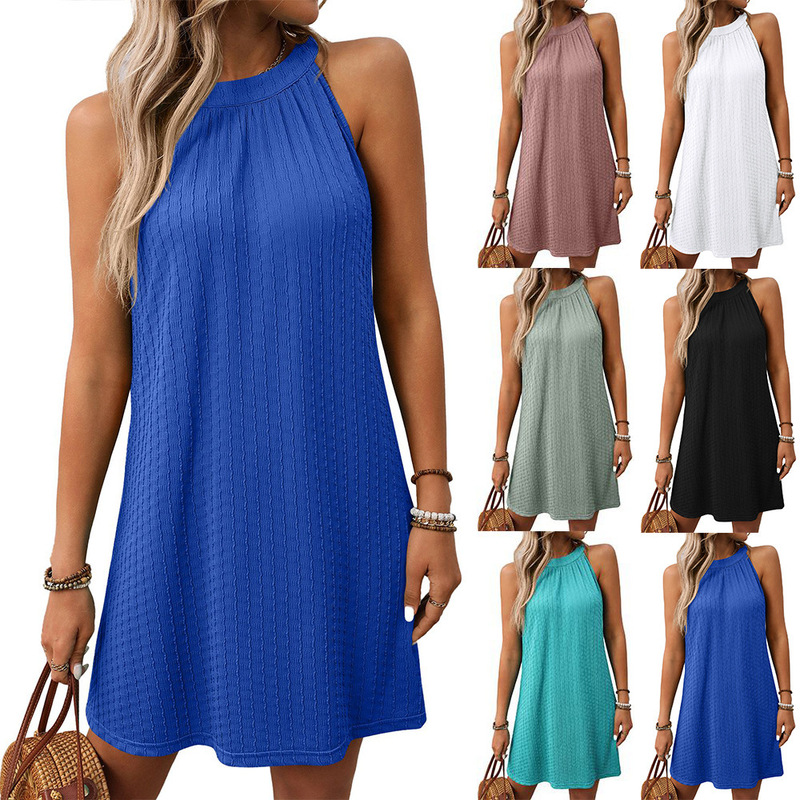 Amazon 2025 European and American Cross-border Foreign Trade Summer New Solid Color Round Neck Hanging Neck Loose Sleeveless dress Women