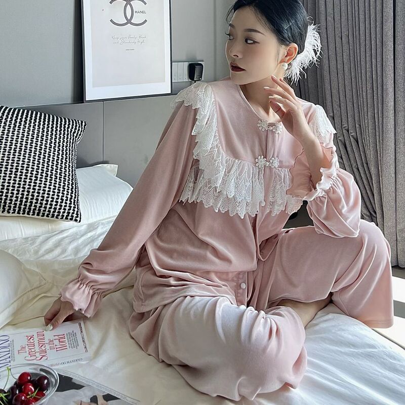 2024 New Retro Lace Splicing High-End Shiny Velvet Pajamas Women's Long Pants Loose Outerwear Loungewear