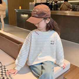 卡通刺绣小狗卫衣女童春秋季薄款宽松蓝色条纹小个子慵懒风上衣