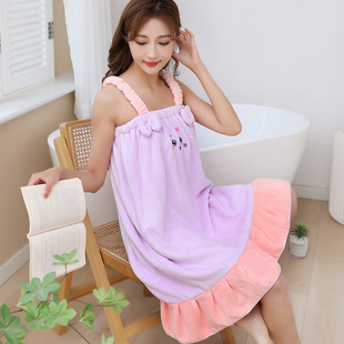 Wholesale Household Women's Wearable Spaghetti Strap Coral Fleece Bath Dress, Absorbent Bath Wrap, Two-Tone Cute Parent-Child Outfit