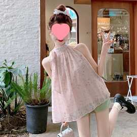 甜美挂脖碎花无袖雪纺衫女夏季新款名媛露肩感别致上衣女