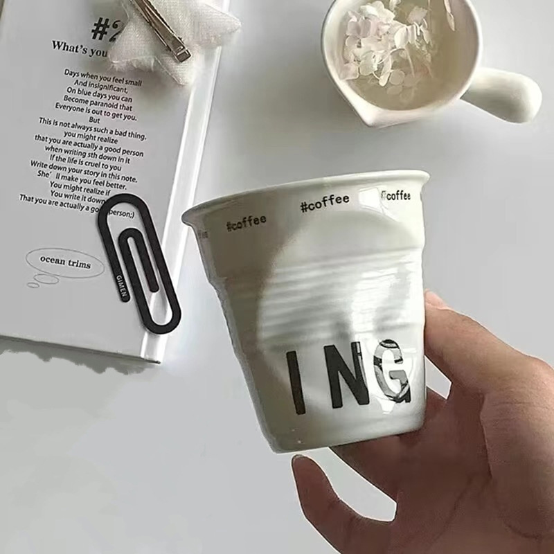 Nordic Creative Pleated Coffee Cup, Irregular Ceramic English Letter Mug, Personalized Latte Cup, Breakfast Cup