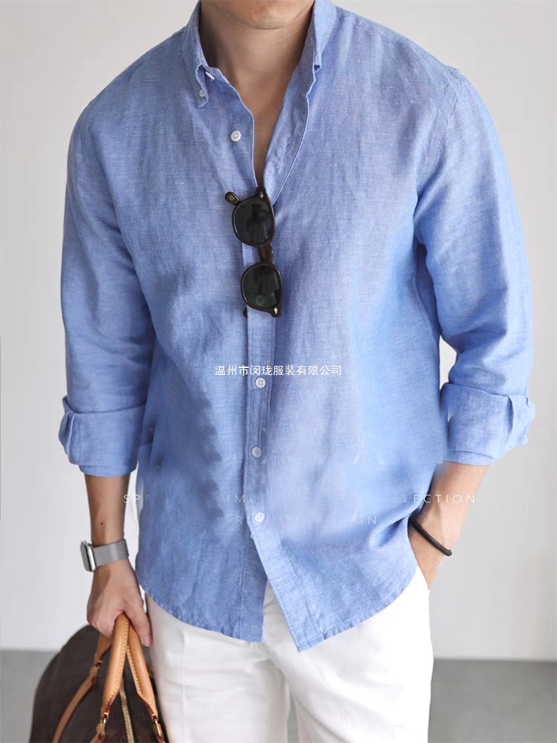 美式棉麻工装衬衫男透气修身长袖商务休闲通勤衬衣亚麻防晒开衫薄