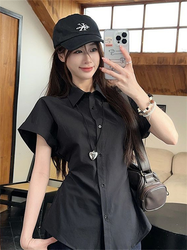 白色短袖POLO领衬衫女装夏季设计感收腰显瘦衬衣简约百搭开衫上衣|undefined