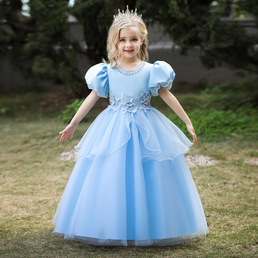 2024 Cenicienta nueva burbuja manga niños vestido princesa vestido medio y grande malla mullido niñas vestido de noche