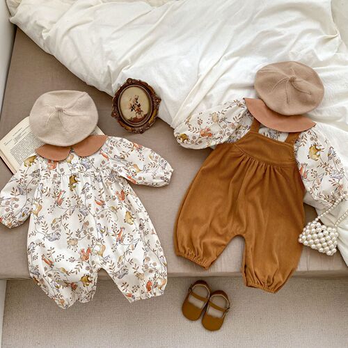Spring 2024 INS Baby Bodysuit for Boys and Girls, Korean Style Printed Long Sleeve Climbing Reverse Collar Pull-on Pajama with Diaper Belt