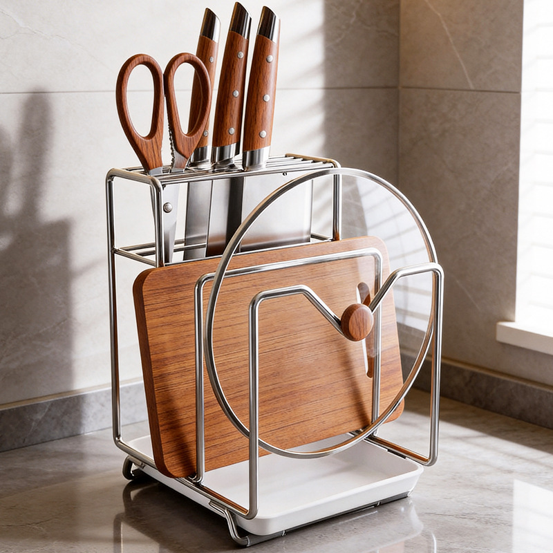 Rack de almacenamiento de cuchillos multifuncional 2026 nuevo modelo 304 de acero inoxidable cuchillos de cocina integrados cuchillos de cocina tablero de corte rack de almacenamiento