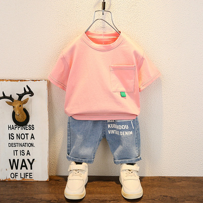 Children's clothing children suit men and women Children Solid pocket line T-shirt Short sleeved cowboy shorts summer Two piece set