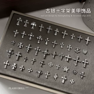 1000颗古银十字架美甲合金饰品暗黑风朋克花指甲装饰整包定制批发