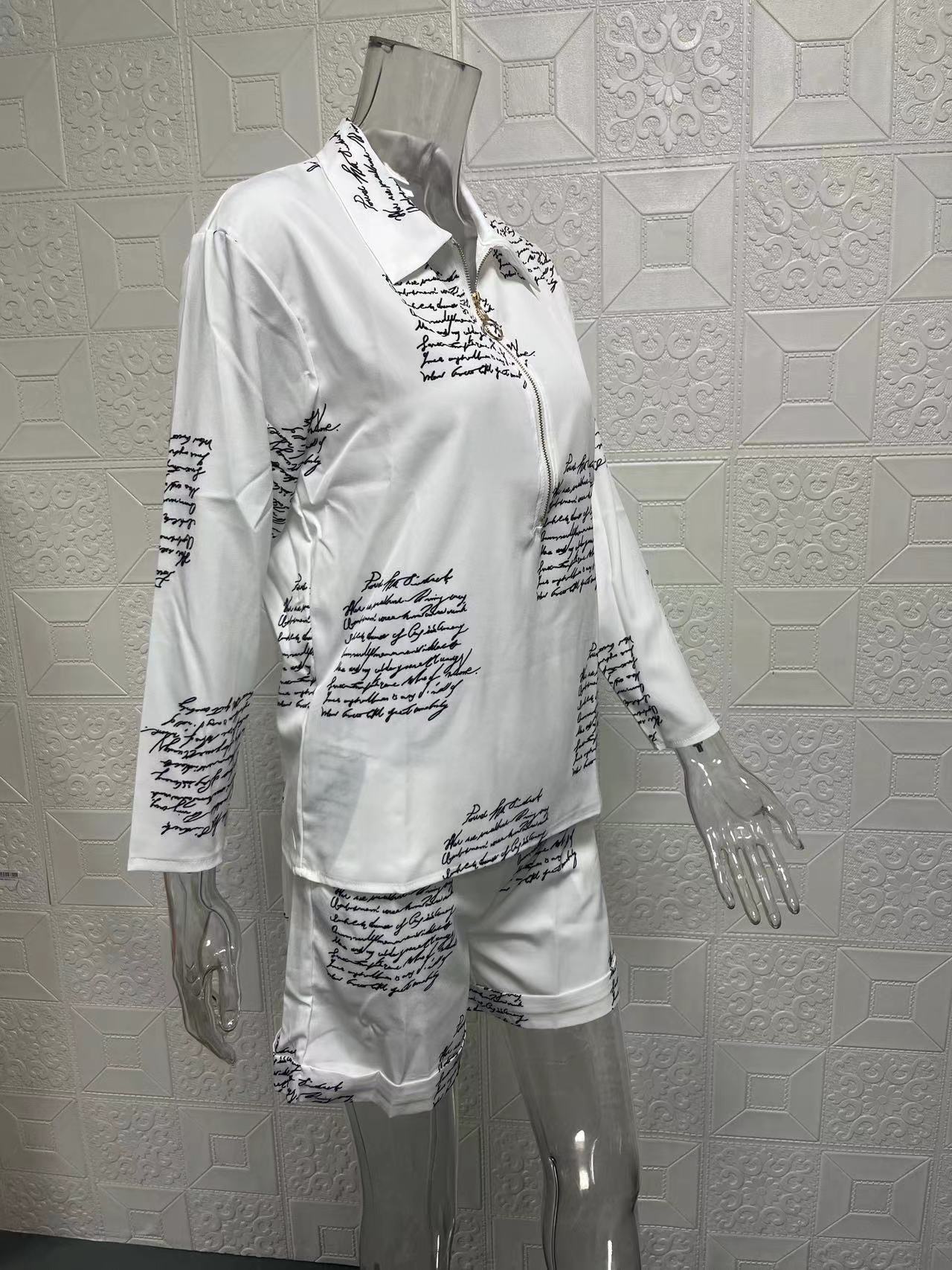 Ensemble deux pièces pour femmes, haut à manches longues, short imprimé avec fermeture éclair, nouvelle collection automne 2024_voghion.com