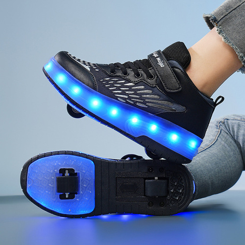 Children's Running Shoes with Four-Wheeled Transforming Roller Skates for Boys, Dual-Wheel Invisible Roller Skates, Purple and White Ice Skates for Wholesale