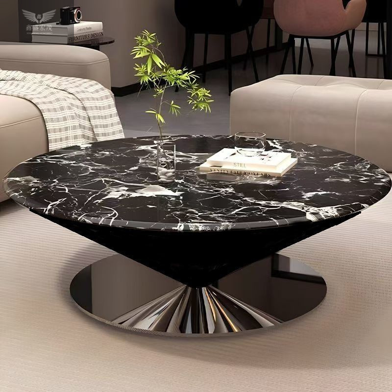 Mesa de centro flotante de mármol, hogar redondo, sala de estar simple italiana, combinación de mesa de centro OVNI de acero inoxidable de lujo ligero moderno