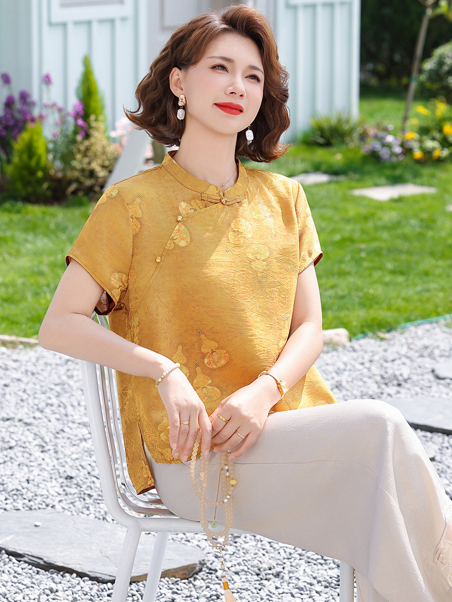 New Chinese Style National Style Mom's Summer Fashion Casual Suit for Middle-Aged and Elderly Women, Large Size Women's Clothing, Cheongsam Collar Short-Sleeved Two-Piece Set