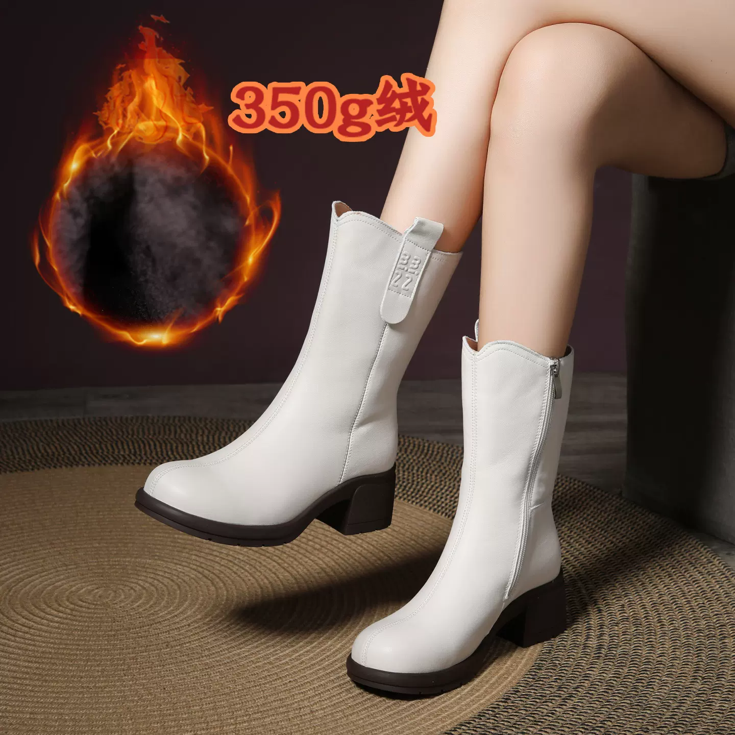 冬季女靴头层牛皮加绒加厚中筒保暖棉鞋软皮软底粗跟中跟短靴女