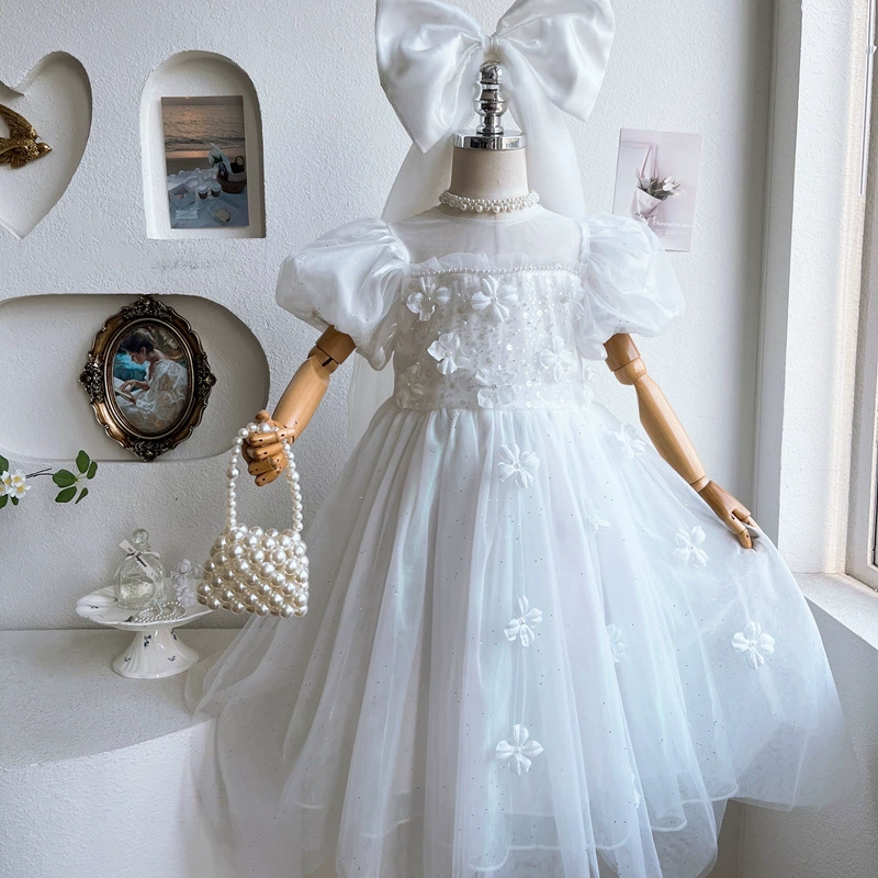 Summer clothing, small princess costume, girl's skirt, nail sequins with bow, western style, flowered, with short sleeve, tulle