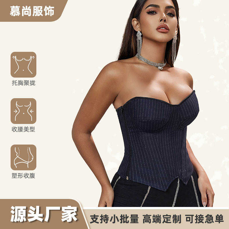 Cross-Border European and American Style Sexy Suit Fabric Side Zipper Striped Jacket Slim Fit Instructor Uniform Style Corset