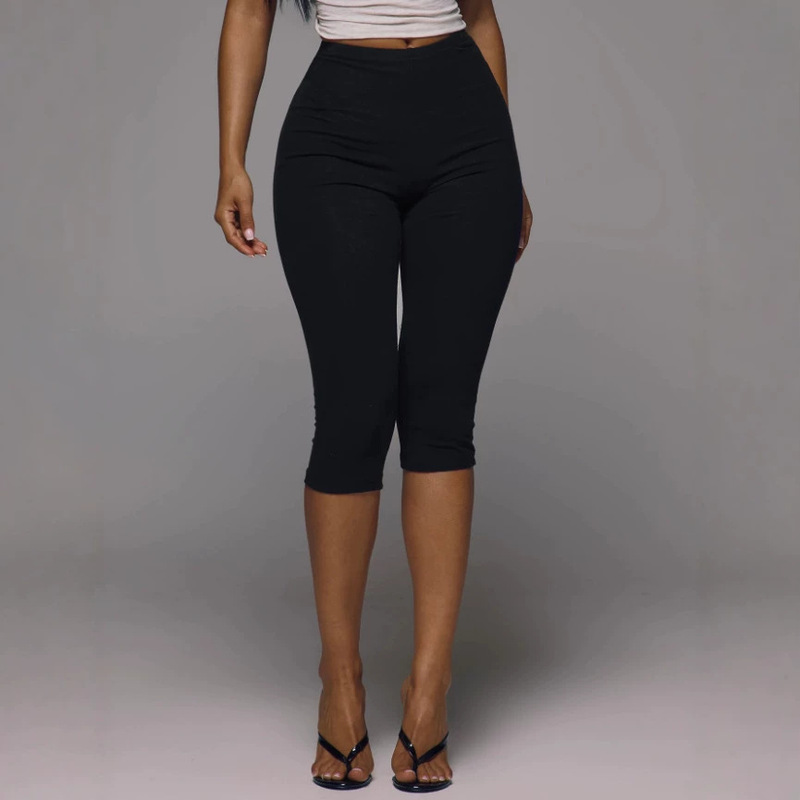 High-waisted, stretchy, three-quarter length leggings for women, slimming, solid color, basic style, European and American fashion, thin and lightweight for spring and summer, suitable for cycling High-waisted, stretchy, three-quarter length leggings for women, slimming, solid color, basic style, European and American fashion, thin and lightweight for spring and summer, suitable for cycling