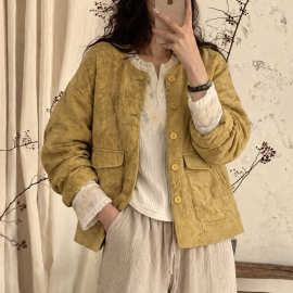 复古国风立领棉衣女秋冬季2026年新款盘扣提花棉服亚麻大口袋外套