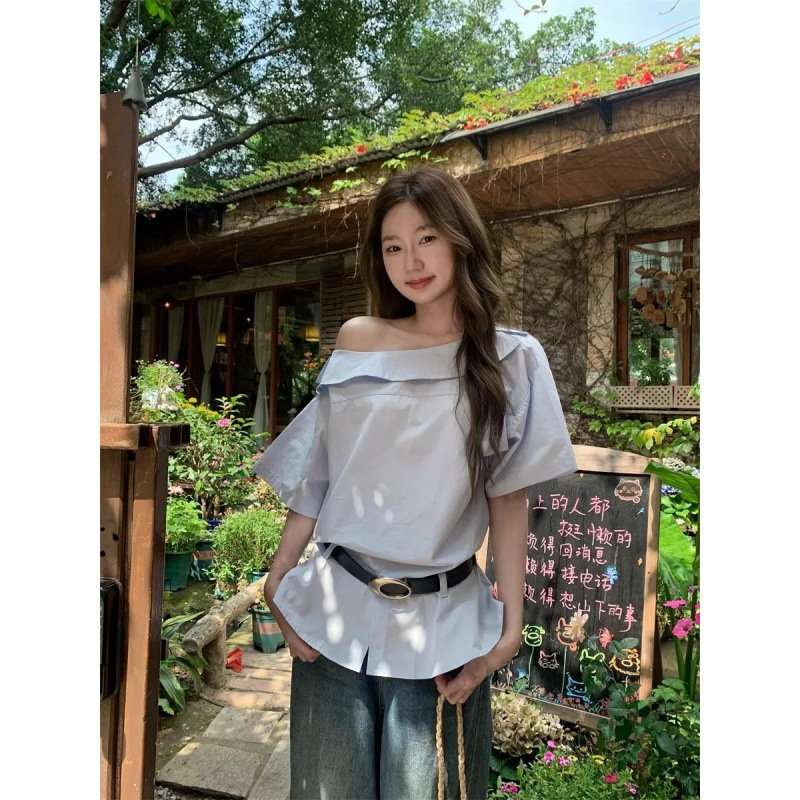 Off-Shoulder Short-Sleeved Shirt for Women, New Summer Design, Loose and Versatile Top, Korean Style Slimming Shirt, High-End