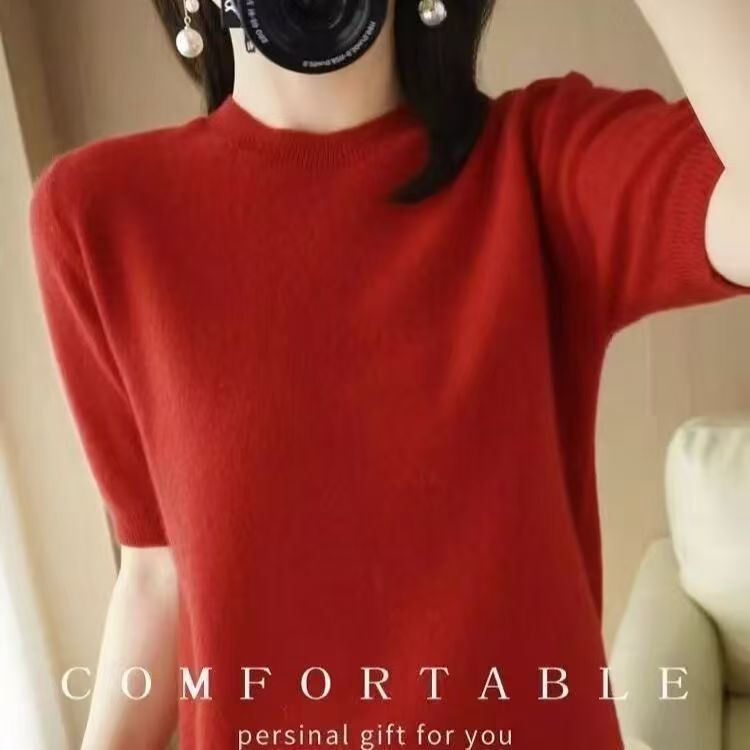 ニット半袖薄手トップスレディース Tシャツ 2025 春と秋の半袖ウールボトムシャツラウンドネックミッドスリーブルーズ卸売|undefined