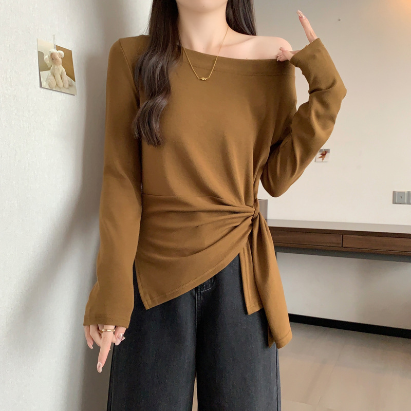 2025年新款洋气绑带秋季设计感斜领打底恤老钱风百搭长袖小众|undefined