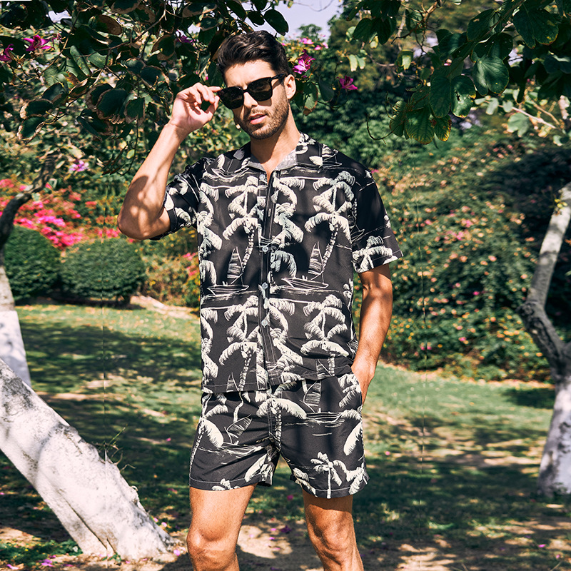 2024 nueva venta caliente hawaiana impresión transfronteriza trajes de playa de moda hombre guapo camisa de manga corta pantalones cortos grandes