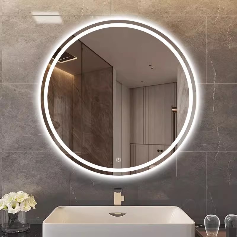 Espejo redondo colgado en la pared del baño, espejo de baño inteligente, pantalla táctil colgado en la pared, iluminación LED, maquillaje, espejo redondo de eliminación de niebla