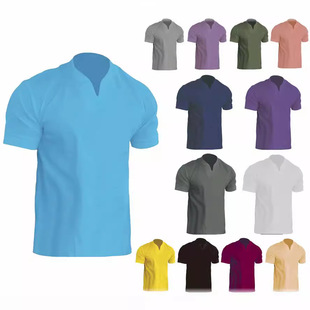 Foreign trade muscle Men's Fitness plus size sports T-shirt men's elastic cotton pocket short sleeve summer v-neck polo shirt