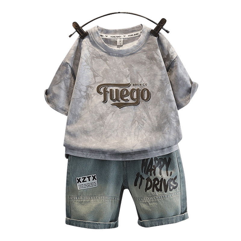 男の子サマースーツ 2024 新しいスタイル中大型男の子半袖 Tシャツ子供の夏のファッショナブルな 2 点セット|undefined