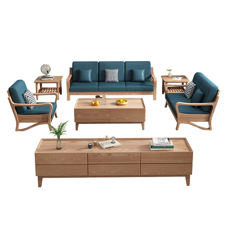 Madera maciza cera blanca sofá sala de estar hogar estilo japonés nórdico registro silencioso viento tecnología impermeable sofá de tela combinación