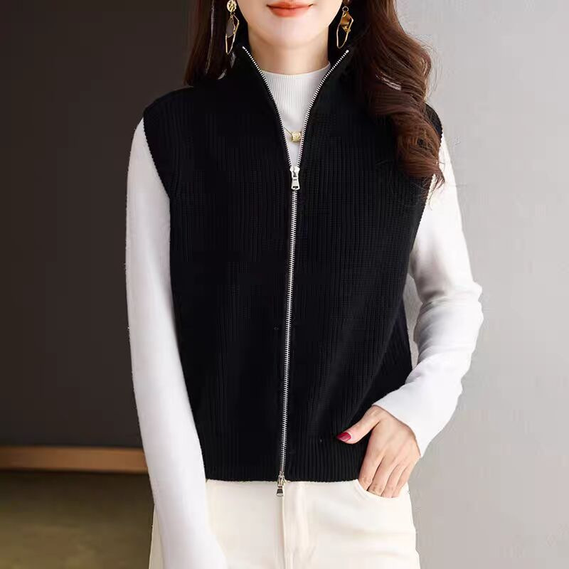 高领拉链针织开衫马甲背心女2025新款春秋冬叠穿宽松马夹毛衣坎肩|undefined