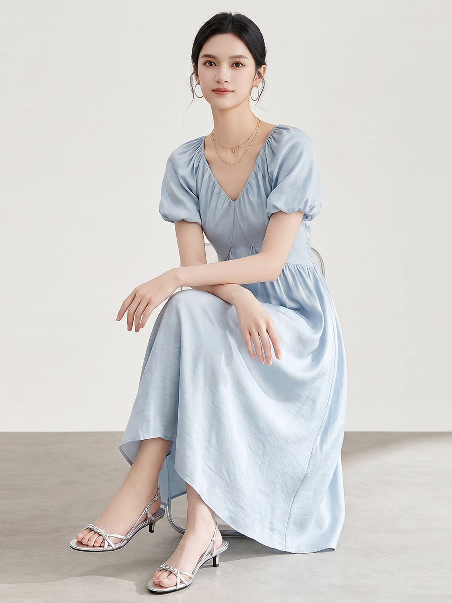 Đầm suông midi tay bồng cổ V xếp ly cho nữ — màu xanh navy