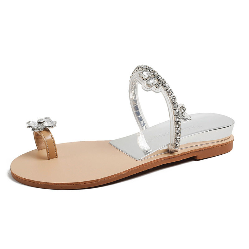 Dép sandal nữ quai ngang xỏ ngón đế mềm gót dốc đính đá lấp lánh đi ngoài — Màu bạc, Màu nude