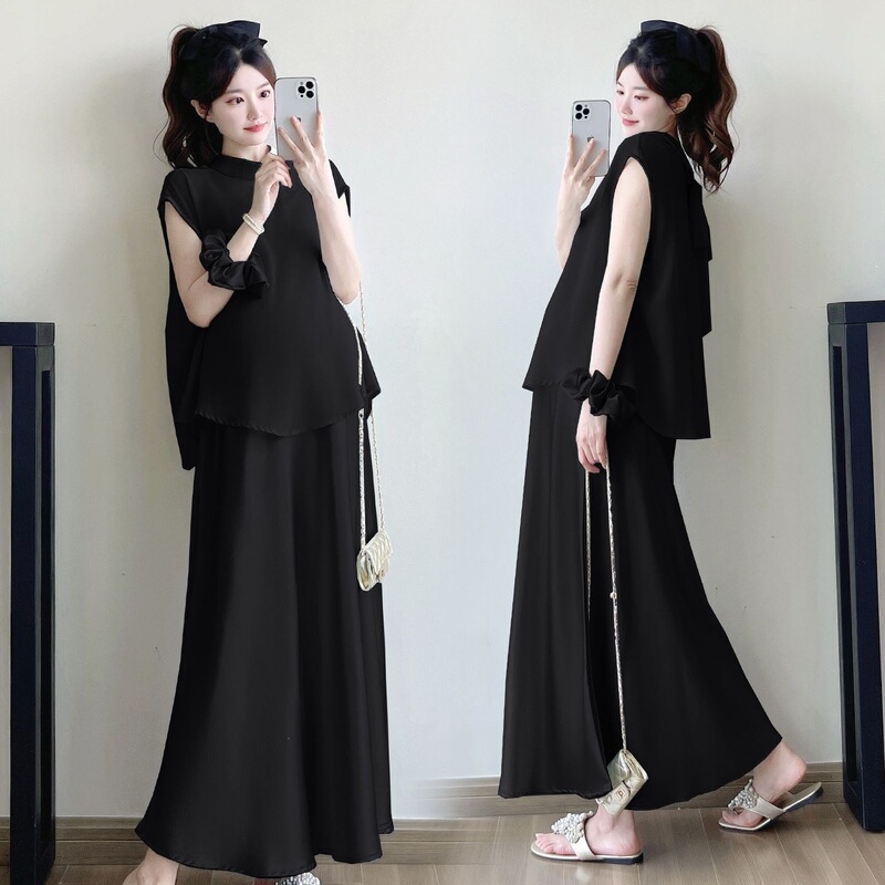 Maternity Summer Short-Sleeved Suspender Skirt, Summer Top, New Summer Clothing, High-End Loose Dress Set Maternity Summer Short-Sleeved Suspender Skirt, Summer Top, New Summer Clothing, High-End Loose Dress Set
