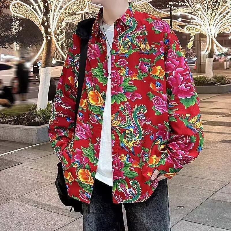 Northeast Floral Shirt, Spring and Autumn Long-Sleeve Peony Shirt, Festive Clothing, Funny Trendy Retro Ethnic Style Jacket Northeast Floral Shirt, Spring and Autumn Long-Sleeve Peony Shirt, Festive Clothing, Funny Trendy Retro Ethnic Style Jacket