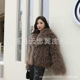 速卖通外贸货源仿皮草西服领纯色仿滩羊女士时尚保暖短款皮草外套