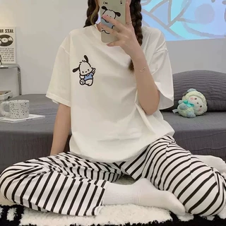 pajima现货直发睡衣女短袖长裤薄款可爱女卡通宽松休闲家居服跨境