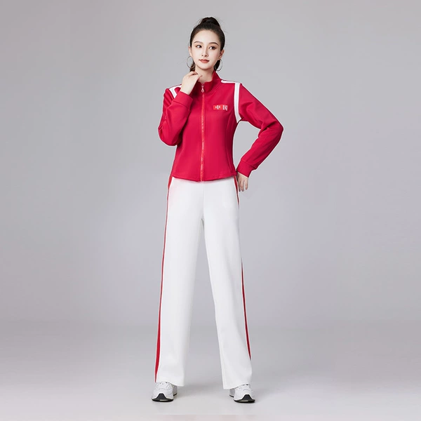 2406 Chinese red top+white pants set