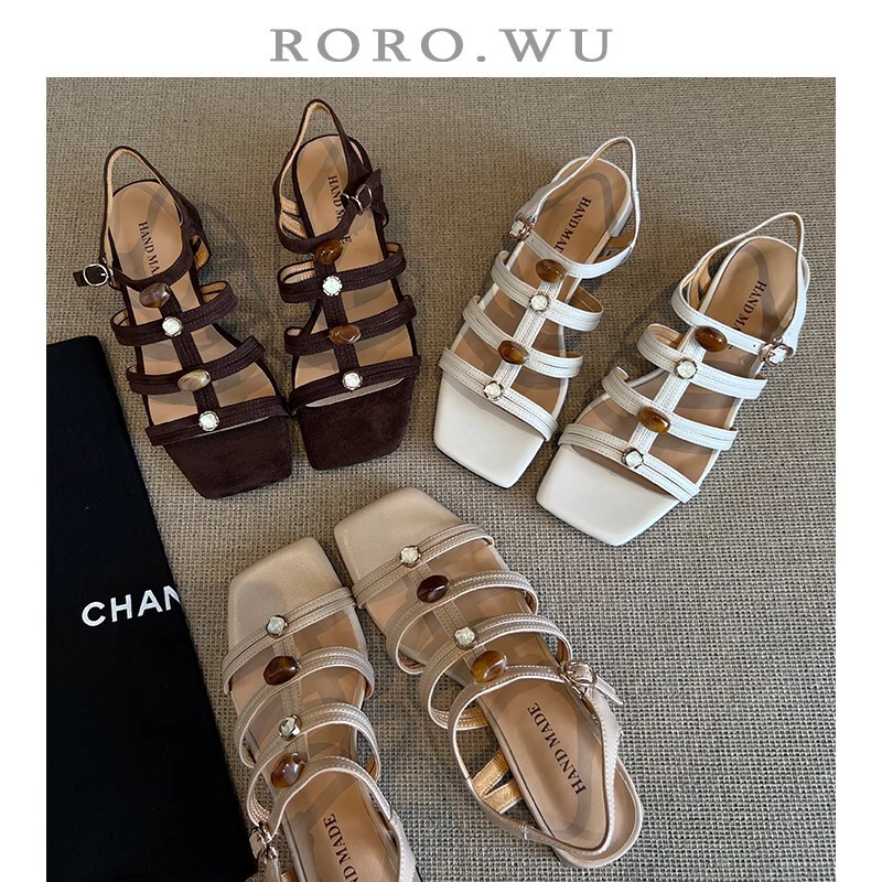 Sheepskin Version ~ 25 Summer Style Cowhide Thin Strap Round Toe Metal Buckle Roman Open Toe Thick Heel High Heel Sandals Casual Retro
