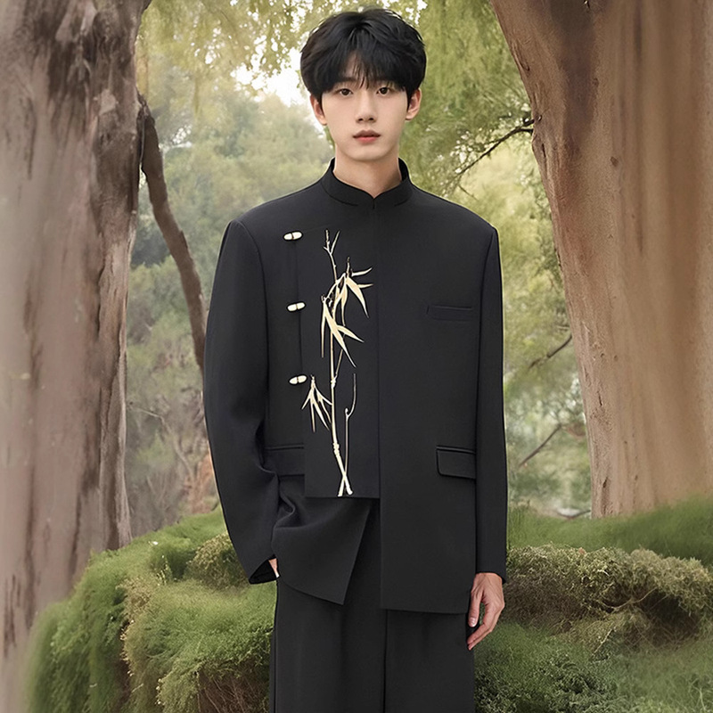 New Chinese Style Men's Dress Engagement Ceremony Irregular Suit suit Guofeng Vertical Collar Golden Bamboo Embroidered Zhongshan Suit