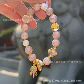香灰粉白瓷珠白水晶心经跑环转运珠女手链琉璃金箔寺庙民族风手串
