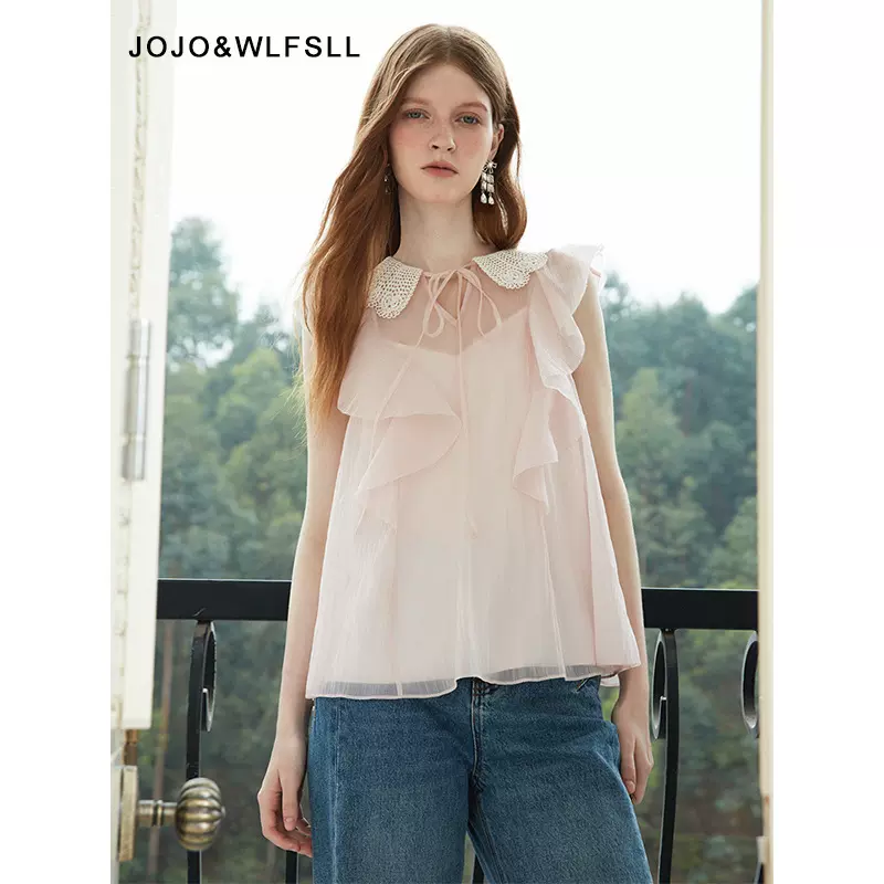 现货Gourcuff女装2026春季新款法式绣花荷叶边娃娃领无袖雪纺衫女