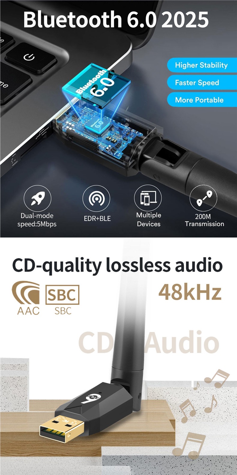 Bluetooth Adapter BT6.0 Driver-Free Desktop Computer USB Audio Receiver and Transmitter PA Gain 200m AAC/SBC