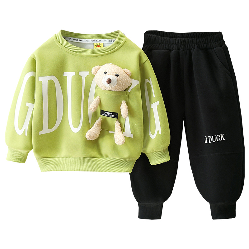 6151 Little Yellow Duck Boy Traje de otoño 2025 Nuevo estilo estilo occidental Suéter de bebé Traje de dos piezas de primavera y otoño para niños