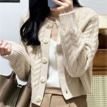 重磅加厚羊绒衫女圆领毛衣开衫麻花宽松慵懒短款羊毛针织上衣外套