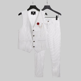 Striped Men's Suit Vest Two-Piece Wedding Groomsmen Dress Western-Style Vest Dance Performance Suit Vest Suit
