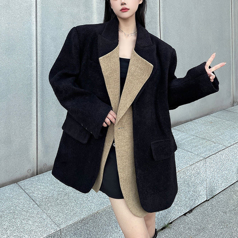 名媛加厚拼接撞色毛呢西装外套女春秋季高级感宽松显瘦呢子大衣潮