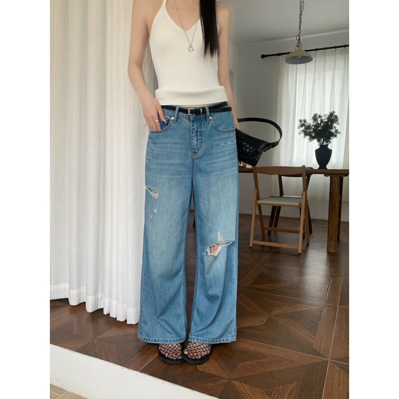 Gagd Fashionable Ripped Cropped Straight-Leg Jeans for Women, Thin Tencel Lyocell Summer Casual Straight Wide-Leg Pants