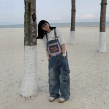 美式复古卡通刺绣牛仔背带裤女2025新款宽松bf日系可爱拖地长裤