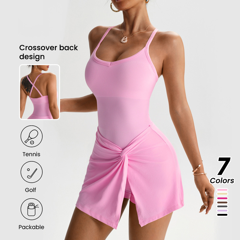 Cross-Border Sexy Backless One-Piece Tennis Skirt with Chest Pads to Prevent Exposure, Yoga Fitness Sports Short Skirt